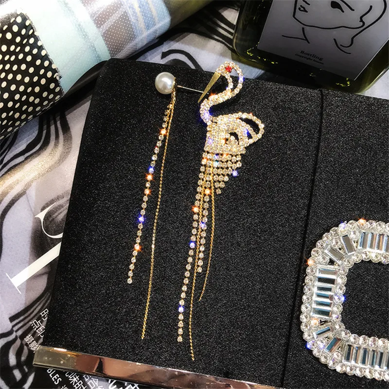 

FYUAN Long Tassel Full Rhinestone Asymmetry Earrings for Women Swan Crystal Drop Earring Statement Jewelry Gifts
