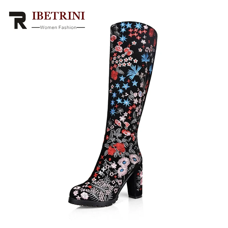 

RIBETRINI 2018 Winter Embroider Fashion Flower Cow Suede Knee-high Boots Embroider Super High Square Heel Women Shoes Size 34-39