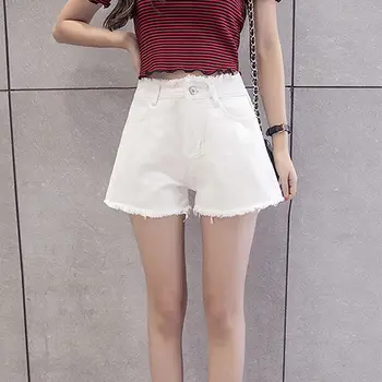 

Women Summer Fashion Black Ripped Jeans Shorts Plus Size White Black Denim Shorts High Waist Solid Cozy Tassel Femme Shorts 3XL