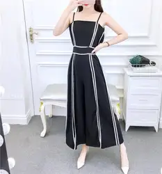 Мода 2018 Новая Осенняя женский, черный широкие брюки комбинезоны Элегантный Спагетти ремень сексуальные комбинезоны Повседневное длинный