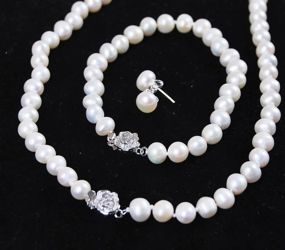 

FREE SHIPPING HOT sell new Style >>>>HOT 8-9mm White Freshwater Cultured Pearl Bracelet Necklace Earrings Jewelry Set