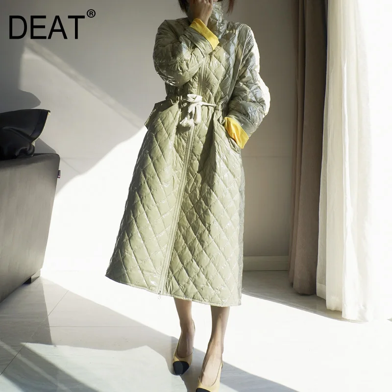 

[DEAT] 2019 New Autumn Winter Stand Neck Long Sleeve Mixed Colors Draw String Long Feather Jacket Women Coat Fashion Tide 10D369