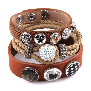 

New Arrival Metal Button With Rhinestone Epoxy Enamel Leather Bracelets For Women Brown Leather Wrap Bracelet