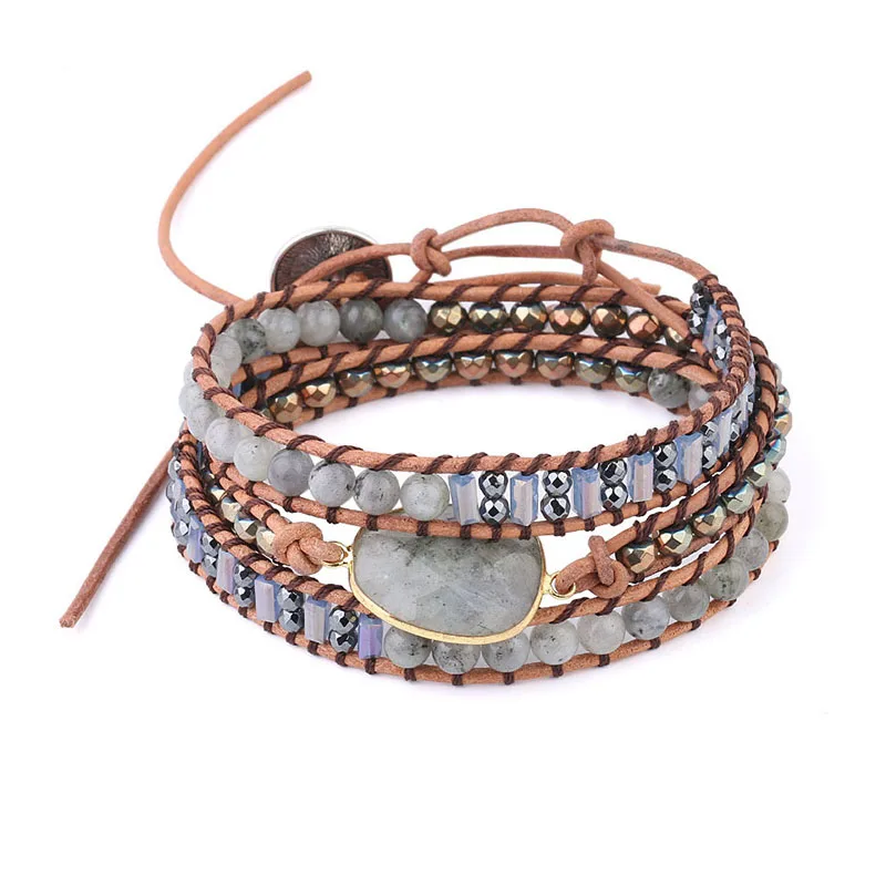 

New Fashion Multilayer Leather Bracelets Unique Mixed Natural Stones Glitter 3 Strands Wrap Bracelets Handmade Women Bracelet