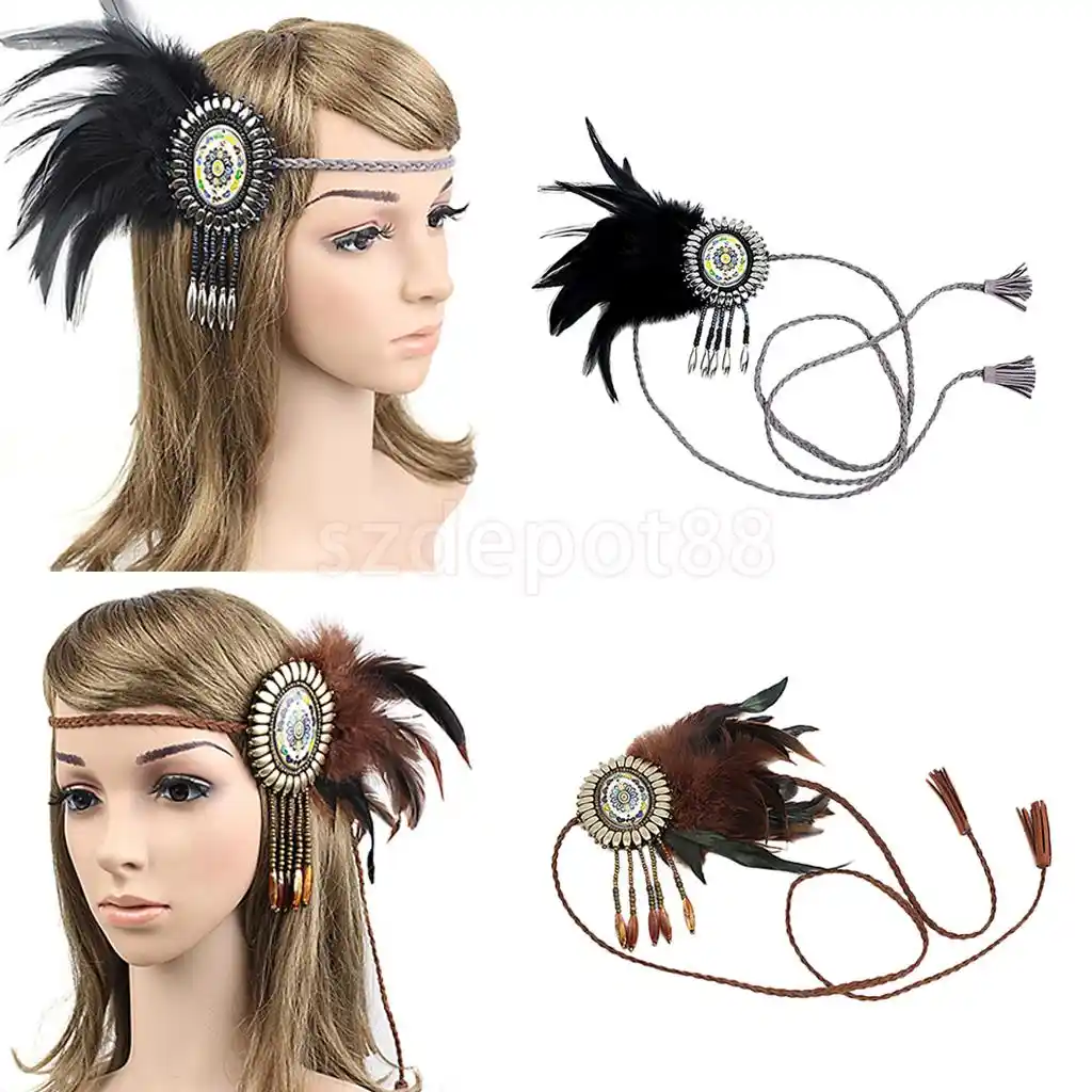 Vintage Boho Hippy Indian Feather Fascinator Headband Braided Rope