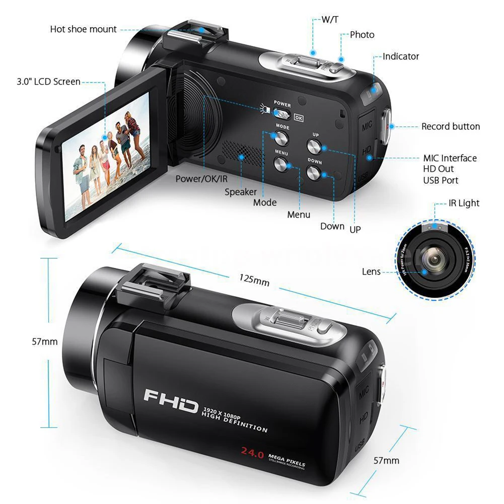 HD 1080P LCD pantalla táctil cámara de vídeo 16X Zoom visión nocturna 24MP videocámara Digital Control remoto lente gran angular /micrófono cámaras