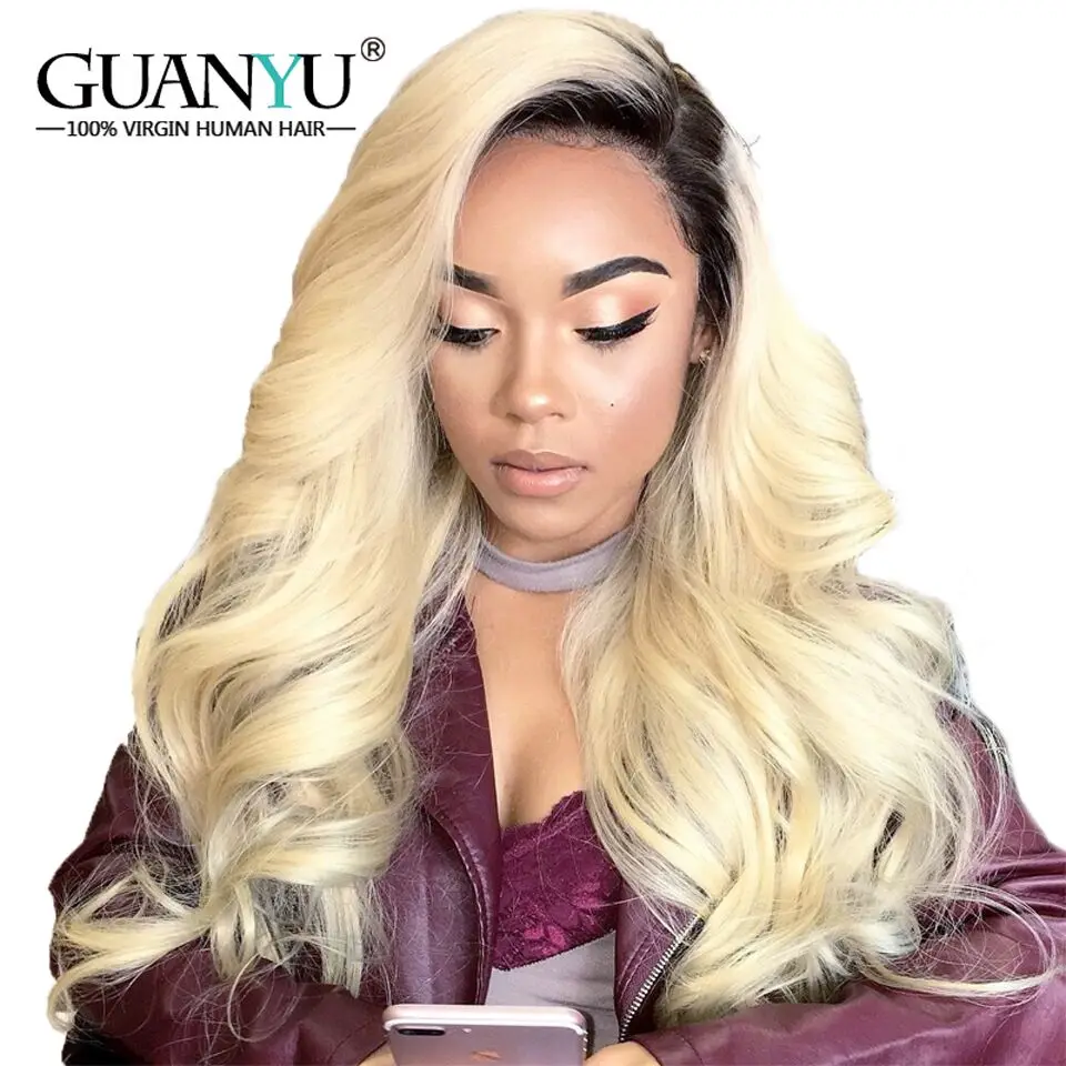 Guanyuhair Malaysian #1B/613 Ombre Blonde Lace Front Wigs Remy Human ...