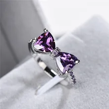 Серебряное Сверкающее кольцо с четырьмя когтями и фиолетовым бантом, штабелируемое кольцо для женщин, микро проложенный Фианит, подарок на день Святого Валентина, ювелирное изделие