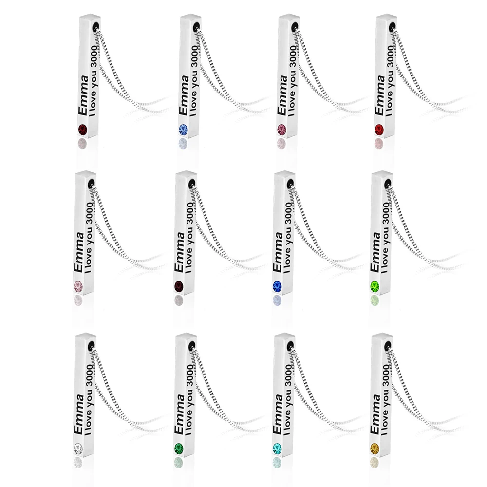 

MYLONGINGCHARM I LOVE YOU 3000 Times Personalized name Bar pendant Necklace,3D Vertical Bar,12-month Birthstones Necklace G3453
