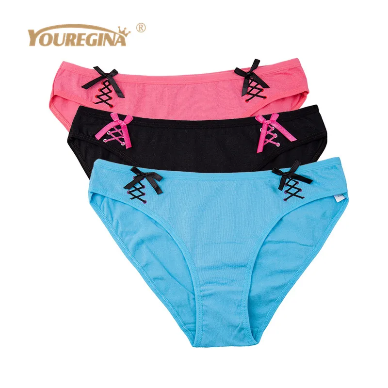 

YOUREGINA Sexy Solid Pure Bowknot Women Lace Underwear Panties Cotton Briefs Knickers Lingerie Ladies Intimates 3pcs/lot M L XL