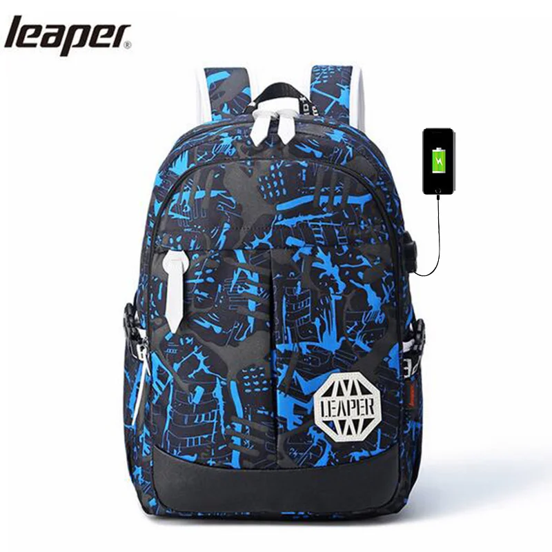 

Leaper Backpack Men USB Charge Printing Designer 15 Inch Laptop Backpack Waterproof Graffiti Skeleton School Bags For Teenagers