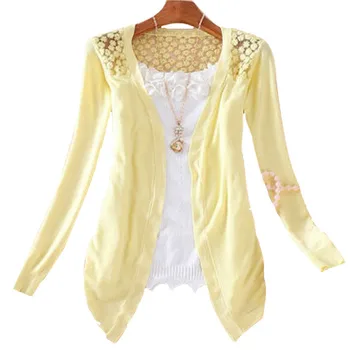 Women Candy Color Irregular Hem Long Sleeve Slim Thin Lace Hollow Out jacket Women Knitted Cardigan Sweater Tops