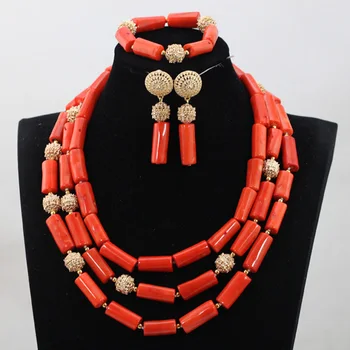 

Classic African Artificial Coral Beads Necklace Set Chunky Bridesmaid Nigerian Women Beads Jewelry Handmade Birthday Set QW1024