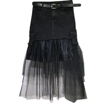 

Mesh Patchwork Denim Skirts Women autumn Washed Jeans Skirt Plus Size Sexy package hip a-line Skirt