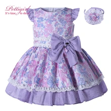 Pettigirl D’été Pourpre Floral Fille Robes Avec Bow Fly Manches Enfants Robes Boutique Coton Vacances Robes Bandeau Enfants Portent