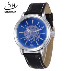 Логотип бренда Shenhua Часы Для мужчин кожаный ремешок Автоматические Wind наручные Часы для Для Мужчин Скелет Механические часы Повседневное