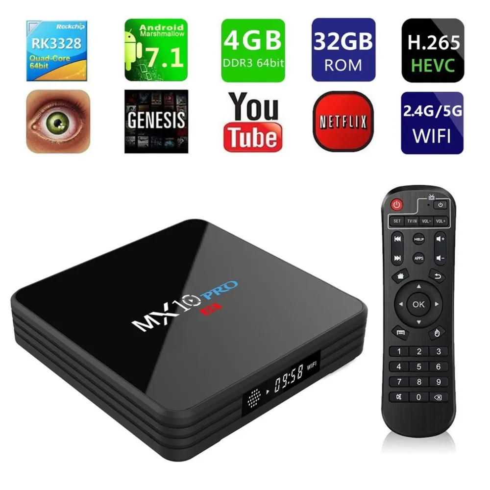 

MX10 Pro TV Box 4GB DDR3 32GB ROM Android 7.1 RK3328 Quad Core 4K HDMI 2.0 2.4GHz WIFI USB 3.0 Smart Set Top Box