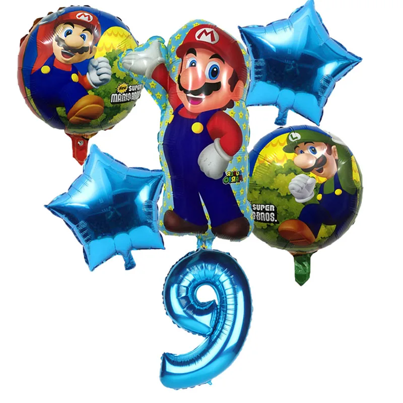 6pcs Super Mario Balloons 32 inch Number Balloons Boy Girl Birthday Party Mario Luigi Bros Mylar Blue Red Balloon Set Decor - Цвет: blue 9