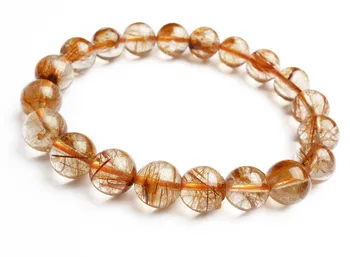 

10mm Brazil Natural Copper Rutilated Quartz Bracelets For Women Stretch Crystal Round Bead Bracelet