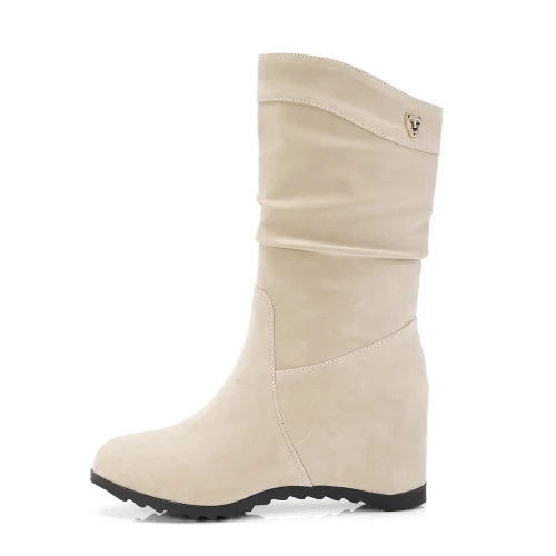 Скрытое увеличение высоты Для женщин сапоги круглый носок ботинки до середины икры женская обувь кожаные женские ботинки осень-зима - Цвет: Beige