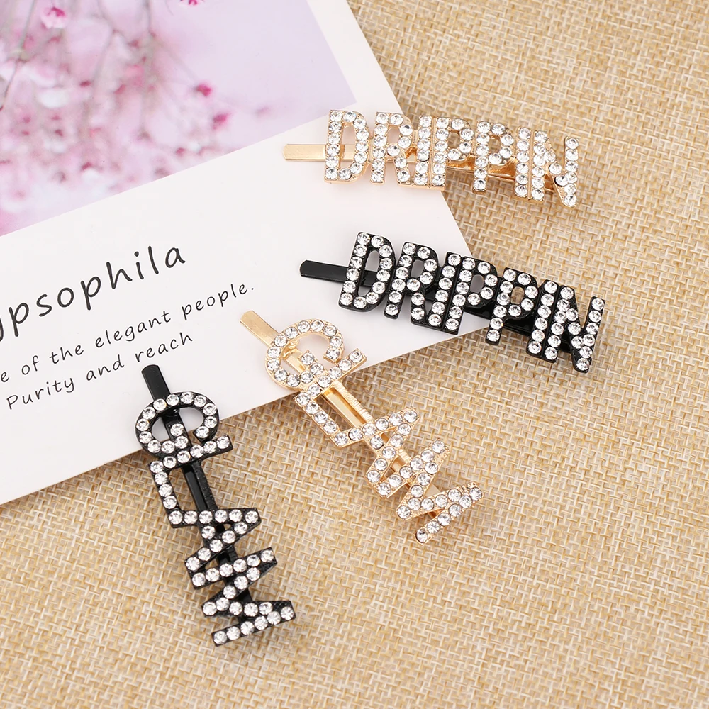 

2019 Fashion Crystal Hairpin Shiny Rhinestones GLAM DRIPPIN Letters Hair Clips Hair Accessories for Women Girls