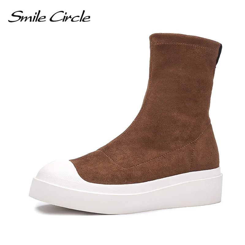 Smile Circle High-quality women Elastic boots Women Suede Leather Booties Flat Platform Casual shoes Women boots