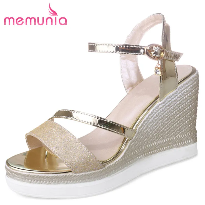 

MEMUNIA 2018 sweet summer sandals shoes woman wedges high heels shoes pu patent leather wedding party comfortable shoes woman