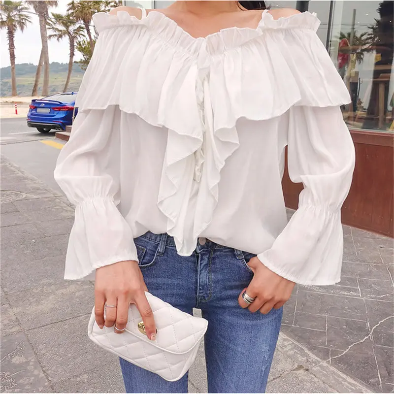 

Alien Kitty Korea Ruffles Fashion 2019 Summer Bare Shoulders Elegant Long Sleeve Vintage Loose White Shirts Sweet Women Blouses