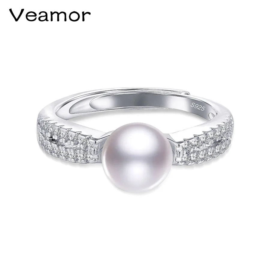 

VEAMOR 100% Genuine Freshwater Pearl Ring Elegant White Pearl Ring for Women,Fashion 925 Sterling Silver Jewelry for Party