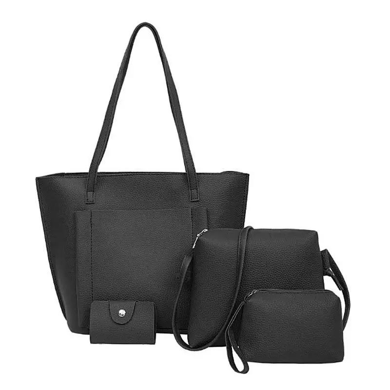 4 шт. женская кожаная сумка сумки на плечо сумка-тоут кошелек сумка-мессенджер набор - Цвет: Черный
