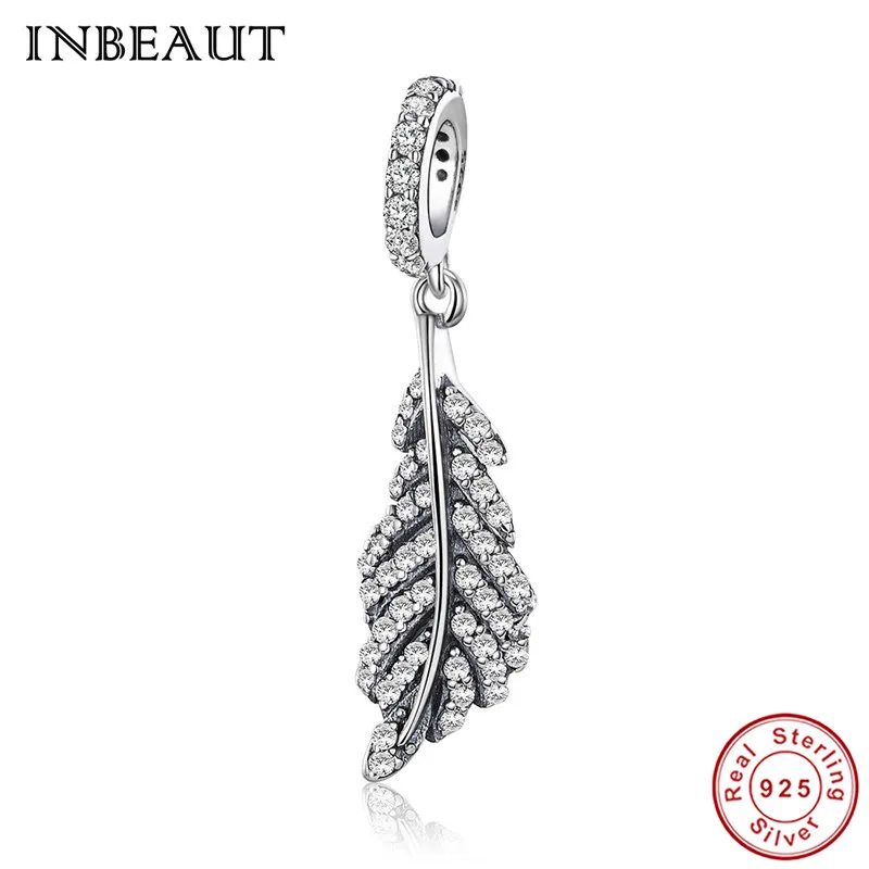 

INBEAUT 100% Real 925 Sterling Silver Vintage White CZ Zircon Feather Pendant Beads fit Original Charm Bracelet Jewelry Making