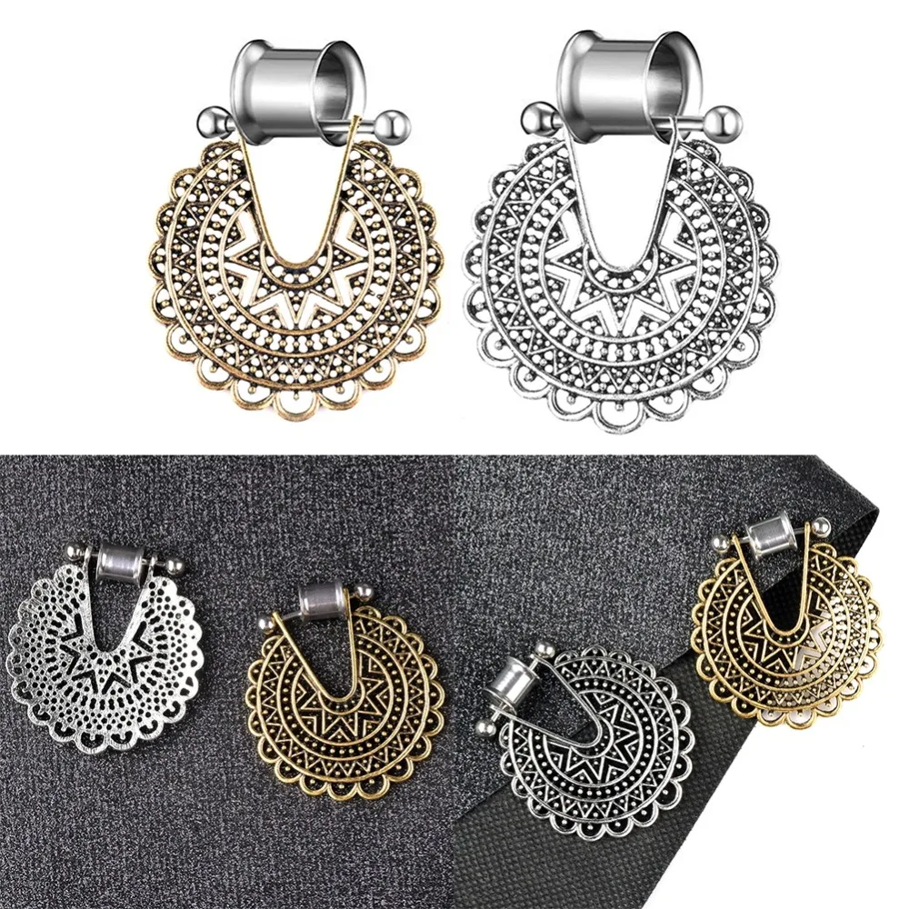 1 PC 6-25mm Vintage Hollow Flower Double Horn Earrings Stainless Steel Pendant Fake Ear Plugs Expansion Body Piercing Jewelry