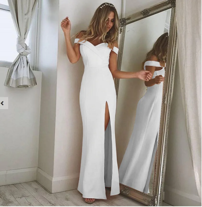 

Summer Off Shoulder Sexy Evening Party Dress 2018 Sexy Split The Fork Dress Women Elegant Slash Neck Long Dress Vestido De Festa