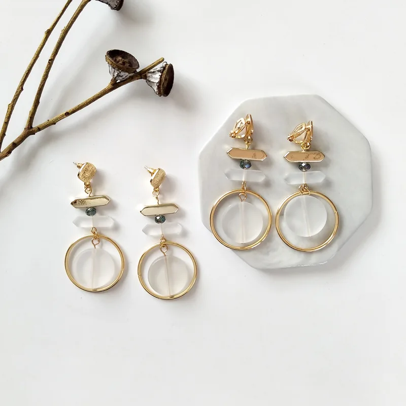 

Simple Multilayer Circle Resin Disc Clip Earrings Without Piercing Crystal Round Slice Long Clip on Earrings No Pierced Hole