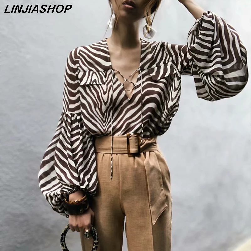 

Vintage Designer Summer Women Blouse Puff Sleeve Zebra-Stripe Square Collar Pearl Chiffon Shirt Ladies Streetwear Vestidos 2019