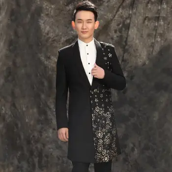 

Free shipping men long suits designs stage costumes singers men sequin blazer dance clothes jacket star style dress punk black