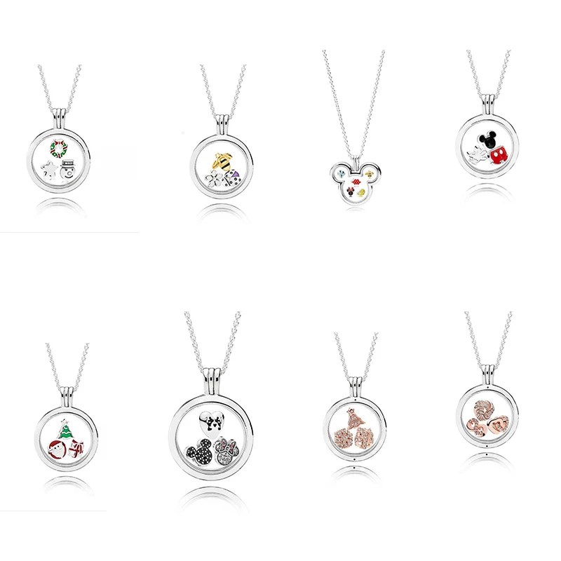 

925 Sterling Silver Small Component Cute Mouse Sparkling Floating Locket Necklace with Pendant Charm Bead Fine DIY Jewelry Gift