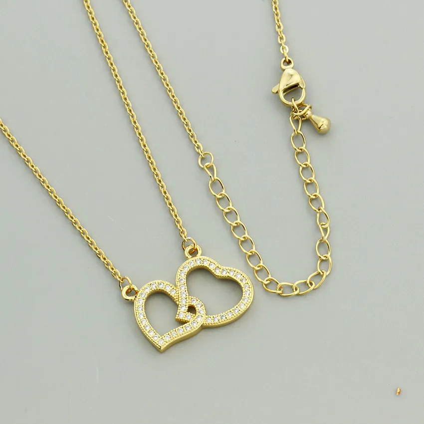 Crystal Double Heart Necklaces Pendants Luxury Jewelry Gold Silver CZ