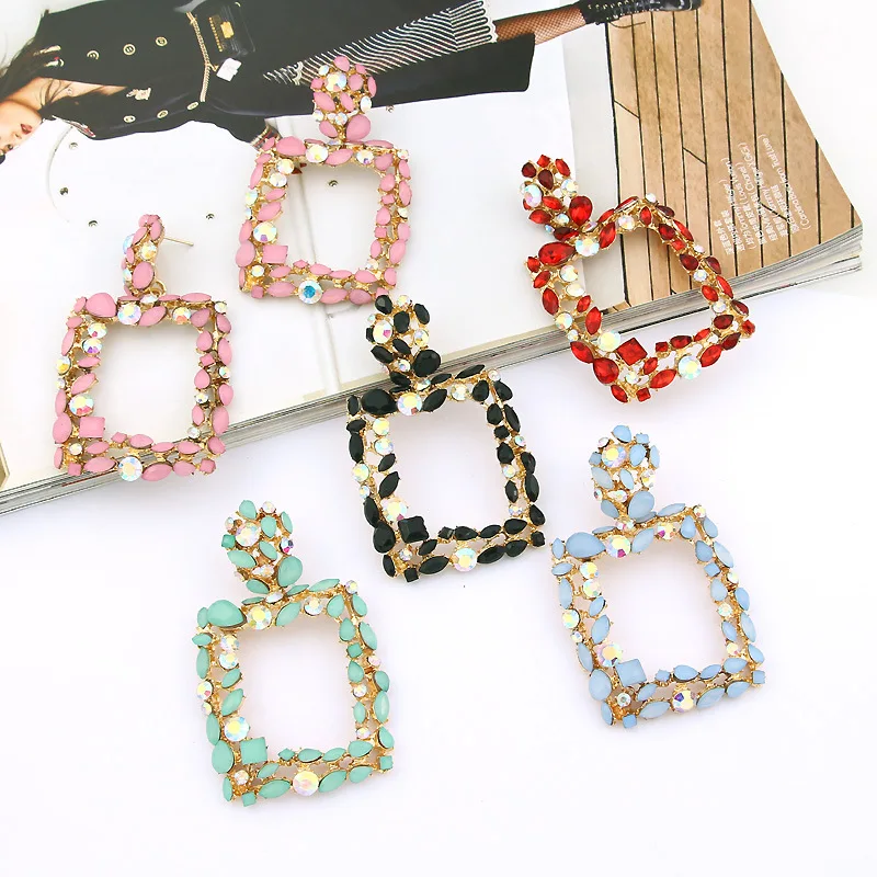 New Hyperbolic Colorful crystal Dangle For Women Large Big Long Geometric Square Statement Drop Earrings Fashion Jewelry 2019