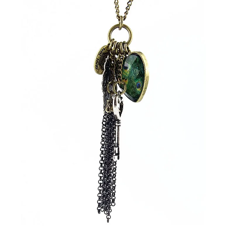 heart peacock feather key leave tassel necklace714