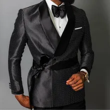 The latest fashion design double-breasted blazer men's groom wedding dress custom 3 pieces(jacket+ pants+ belt