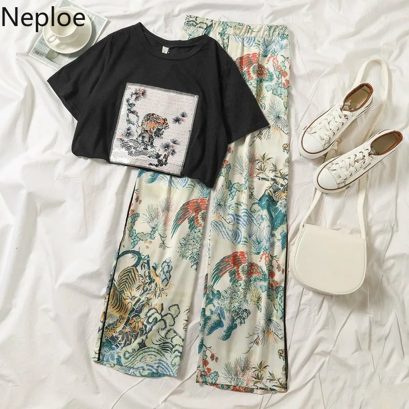 

Neploe Summer Autumn Tracksuit 2 Piece Set Vintage Sequined Tops Wide Leg Pants Matching Suit Outfits Casual Women Clothes 39440