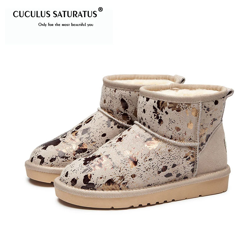 

Cuculus Snow Boots Cow Suede Slip-On Round Toe Mid-Calf Women Winter Shoes Plush Platform Flat with Shoes Serpentine 1681