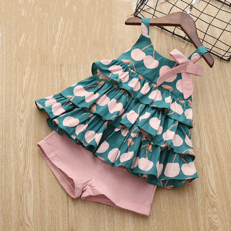 

New Brand 2019 Girls Summer Clothes Set Cake Shirt And Pink Short Pants Cotton Lovely Cute Sets For Children And Kids Sundress