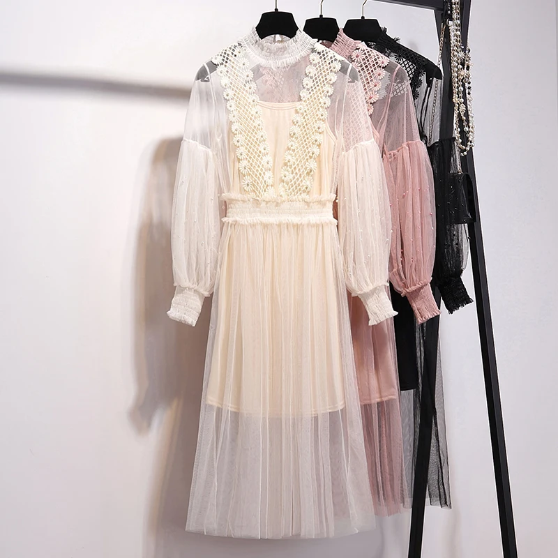 

2019 Spring Autumn Elegant Women's Vest + Mesh dress Two Pieces Sets Female Beautiful Beading Suits A1056