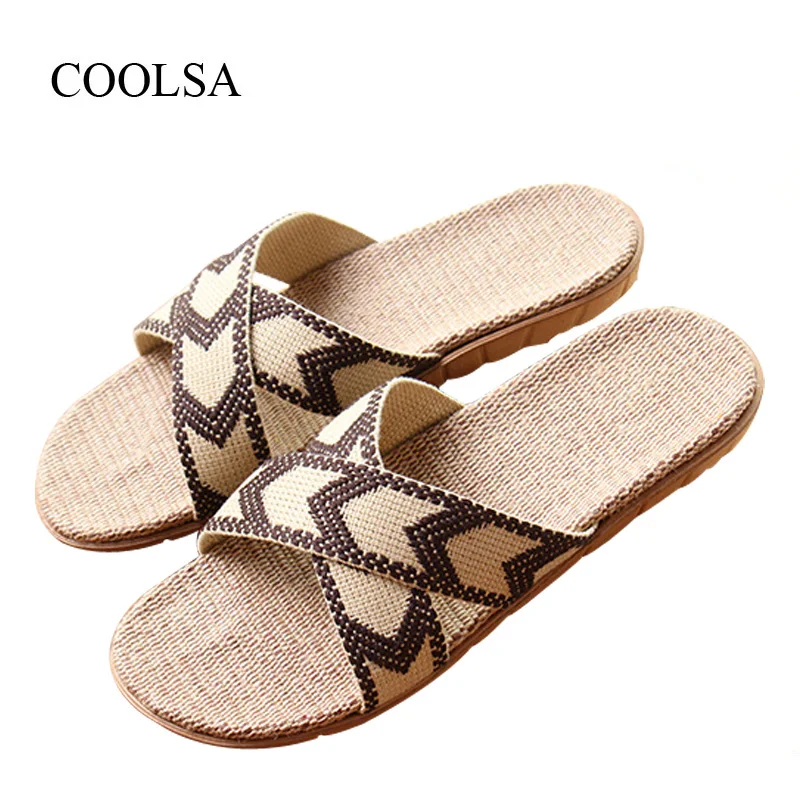 

COOLSA Men's Summer Cross-tied Linen Slippers Indoor Flat Canvas Non-slip Flax Slippers Beach Flip Flops Bathroom Slippers Hot