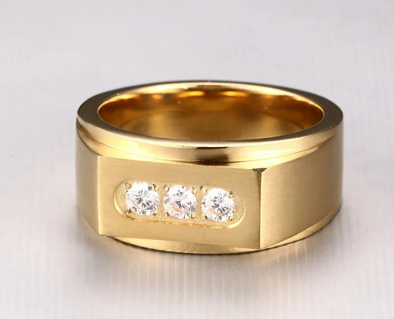 Нержавеющая сталь три CZ алмаз обручальное кольцо золото 18K покрыло обручальные кольца старинные ювелирные изделия мужчины анель Мужчина для