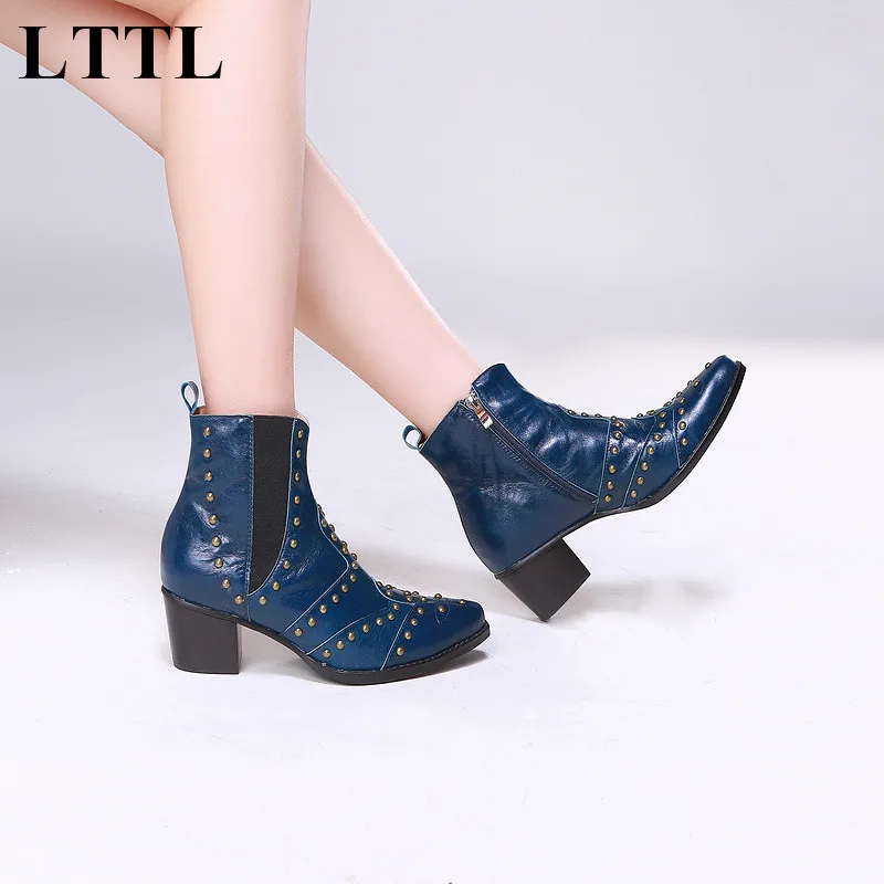 Elegant blue color polka dot pointed toe  med square heel women boots fashionable well matched clothes women shoes for spring