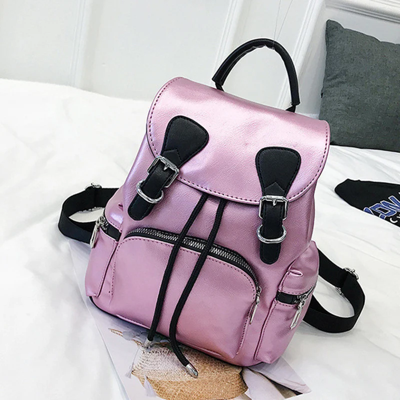 

Fashion Shinny Women Backpack Small Drawstring Female Backpack Girls Book Bag Double Belt Shoulder Bag travel Rucksack Silver