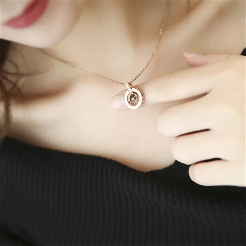 

DropShipping Rose Gold&Silver 100 languages I Love You Projection Pendant Necklace Romantic Love Memory Wedding Chokers Necklace